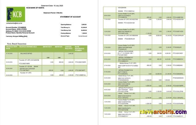 Kenya KCB Bank statement of account Word and PDF, 2 pages